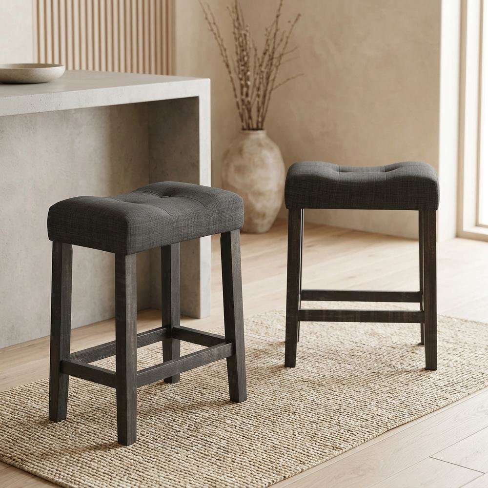 Gray Button Tufted Counter Height Saddle Stools - Set of 2