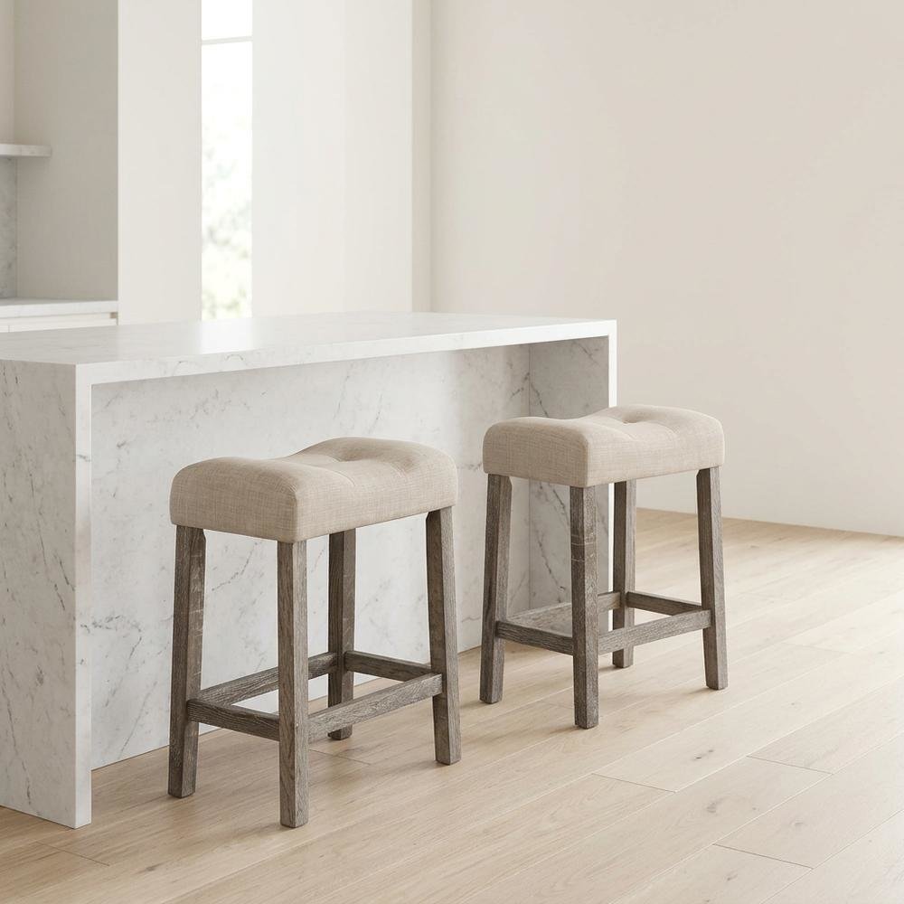 Taupe Button Tufted Counter Height Saddle Stool Set of 2 with Stylish Design