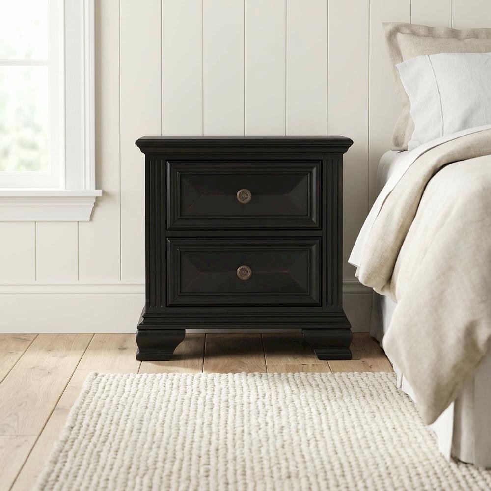 Black Vintage Nightstand with 2 Drawers and Classic Design