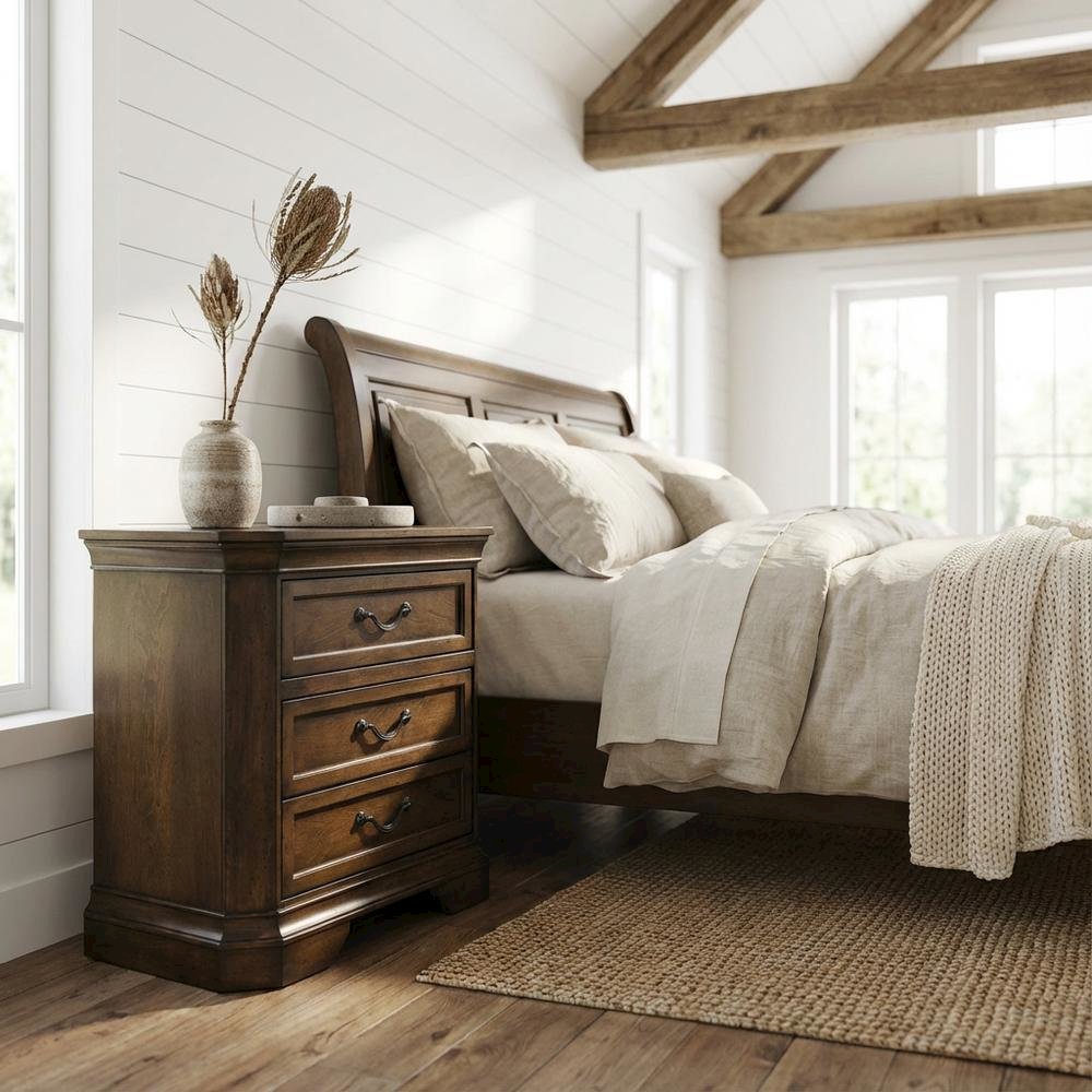 Wooden Nightstand in Antique Walnut Finish with 3 Drawers for Bedroom Storage