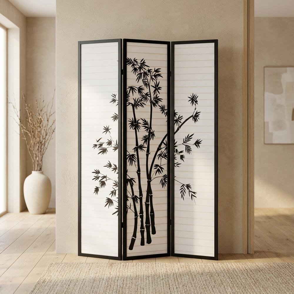 Black 3-Panel Wood Folding Room Divider, Rice Paper, 72 Inch