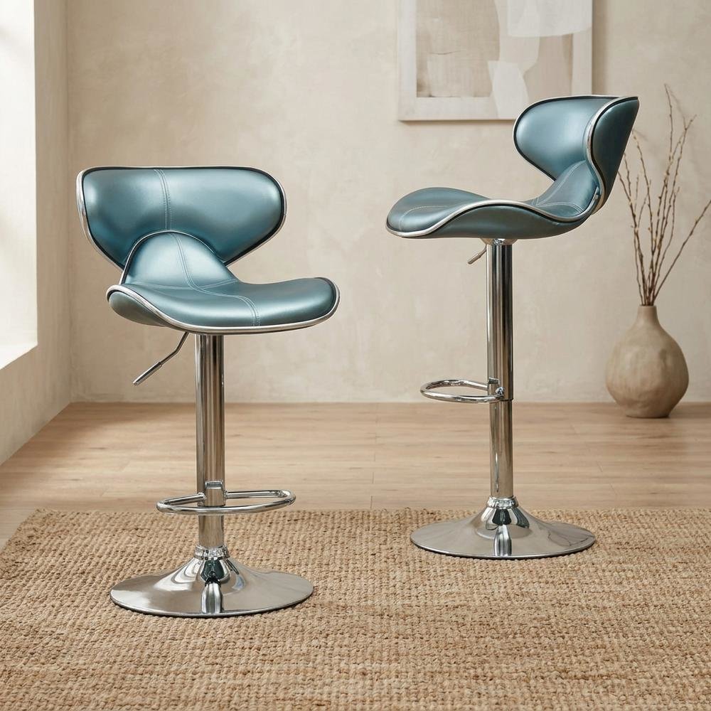 Blue Leatherette Adjustable Swivel Barstool with Chrome Base, Set of 2