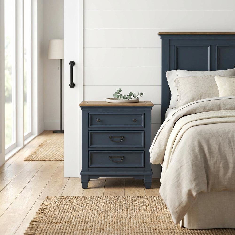 Slate Blue Wood Nightstand with 3 Drawers for Bedroom Storage