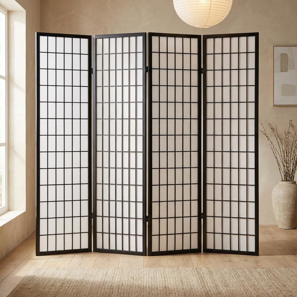 Black 4-Panel Wood Folding Room Divider, Rice Paper, 71 Inch
