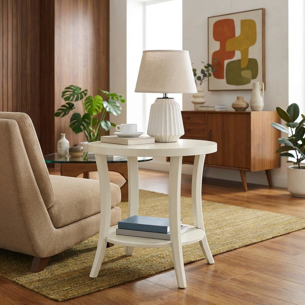 Round End Table with Shelf in Ivory for Living Rooms