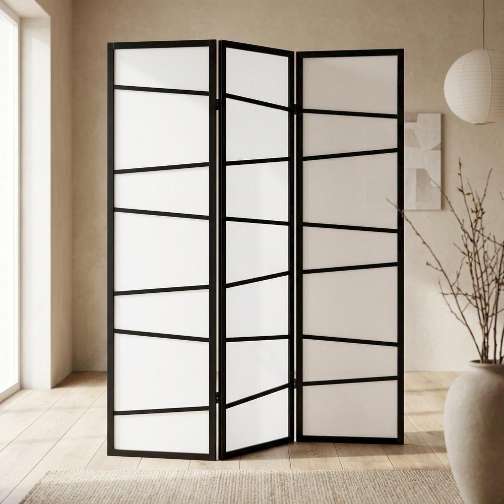 Black 3-Panel Wood Folding Room Divider, Fabric, 71 Inch