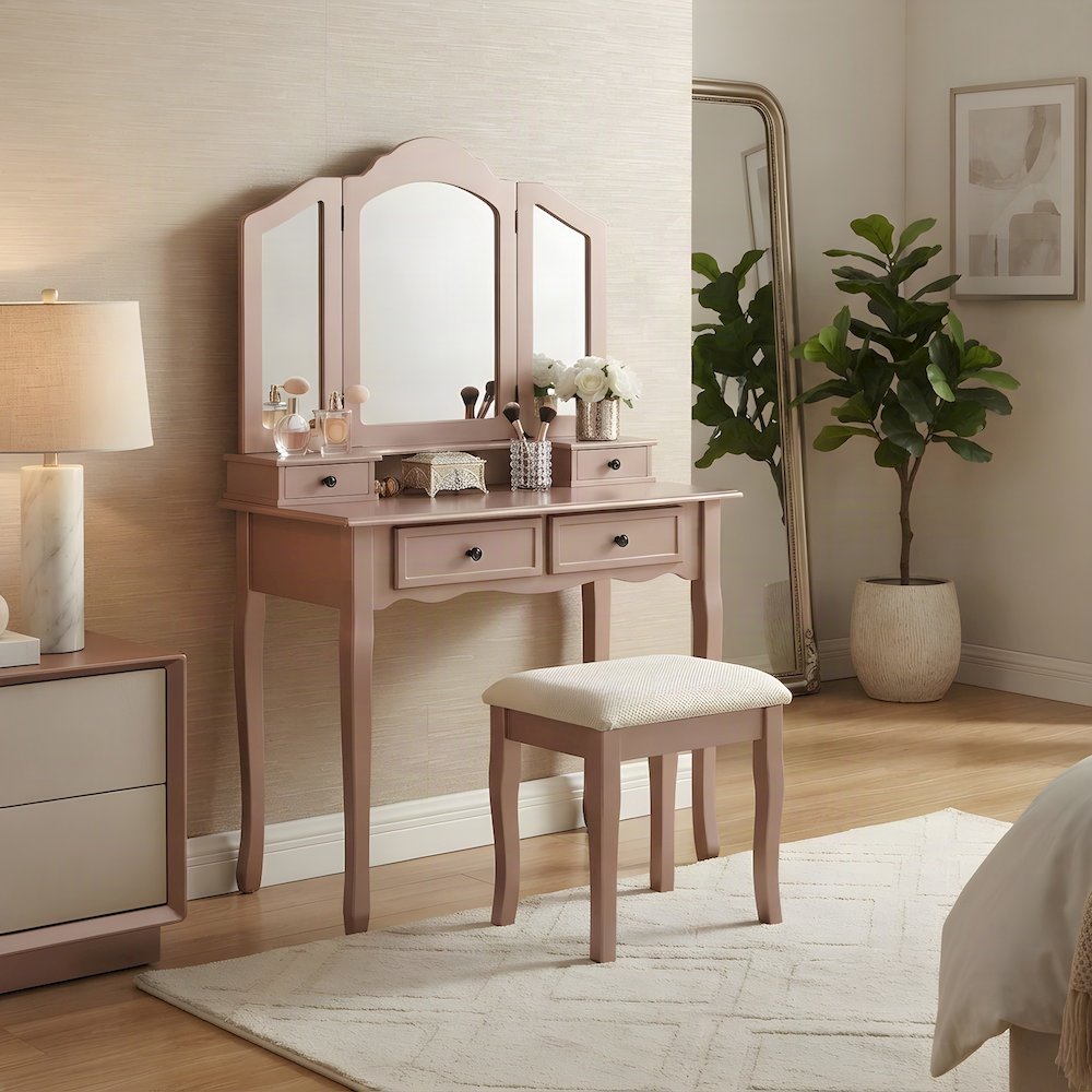 Wood/Glass Makeup Vanity Dressing Table with Upholstered Stool Set, Rose Gold