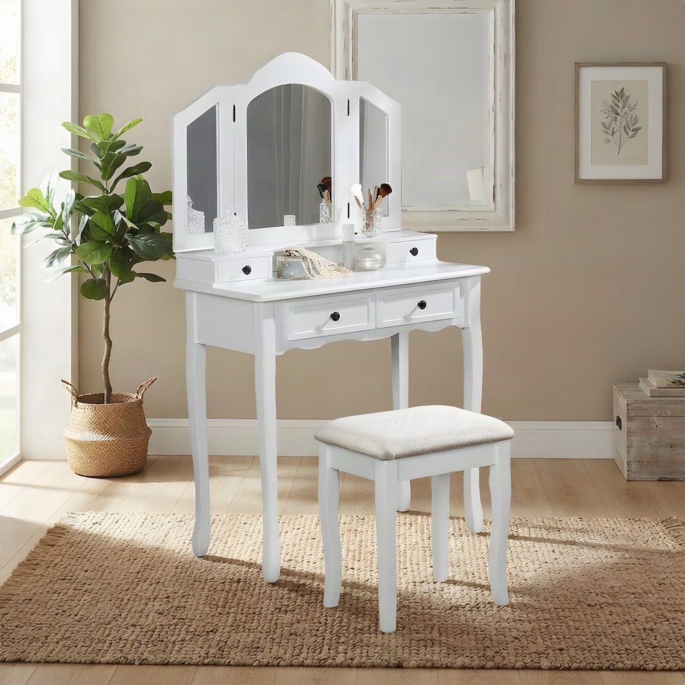 Wood and Glass Makeup Vanity Dressing Table with Upholstered Stool Set, White