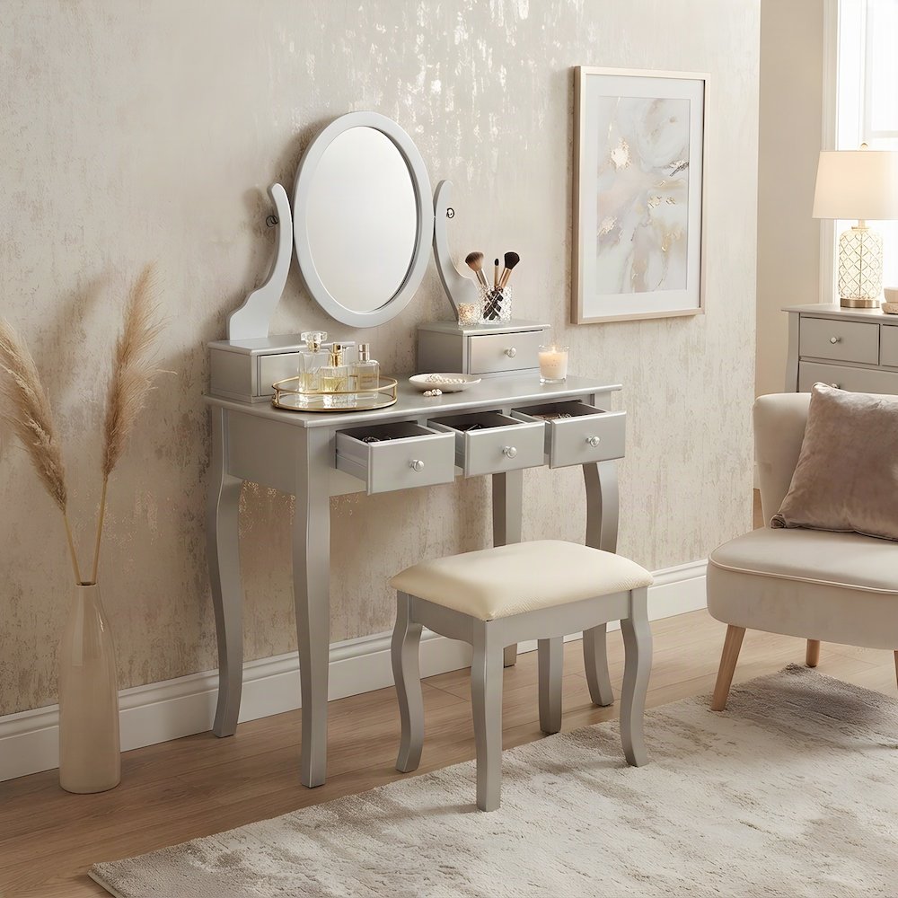 Wood Makeup Vanity Desk with Mirror, Glass Top, and Upholstered Stool, Silver
