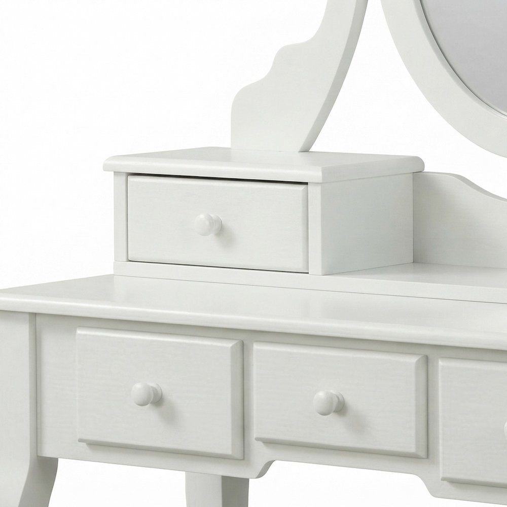 Wood Makeup Vanity Desk with Mirror, Glass Top, and Upholstered Stool, White