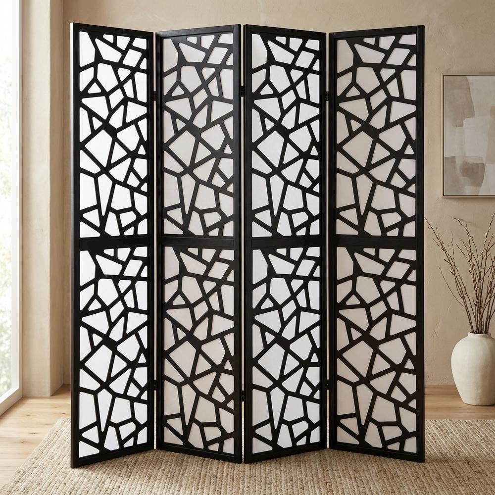 Black 4-Panel Wood Folding Room Divider, Fabric, 70 Inch