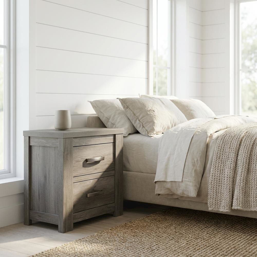 Weathered Gray Wood Nightstand with Two Drawers for Bedroom Storage