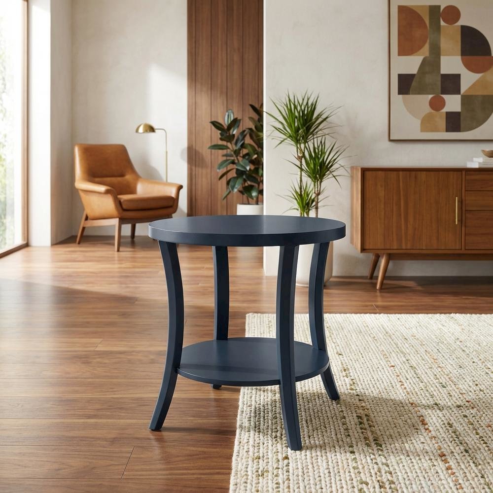 Navy Blue Round End Table with Shelf for Living Room Decor