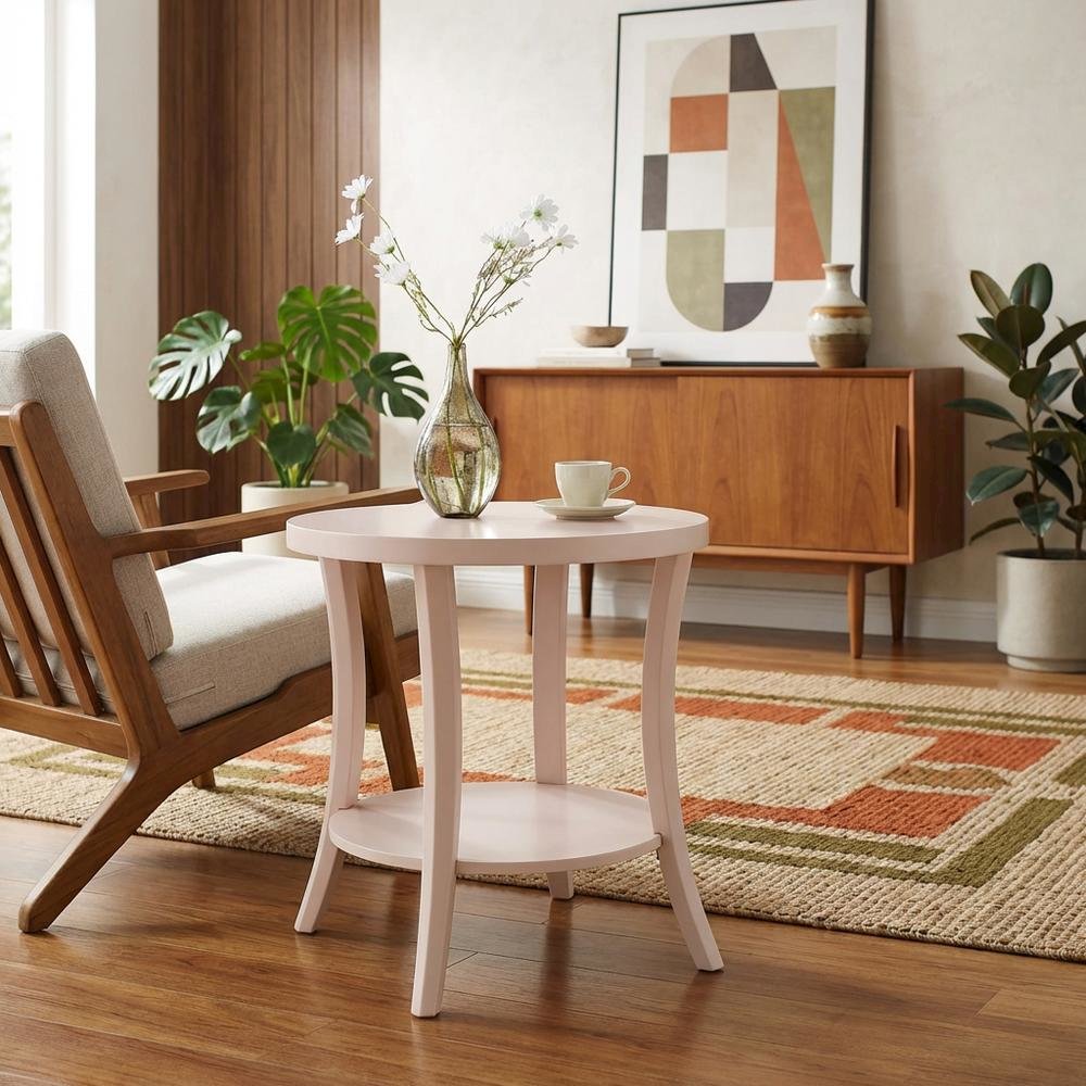 Pink round end table with shelf, modern design for living room accents