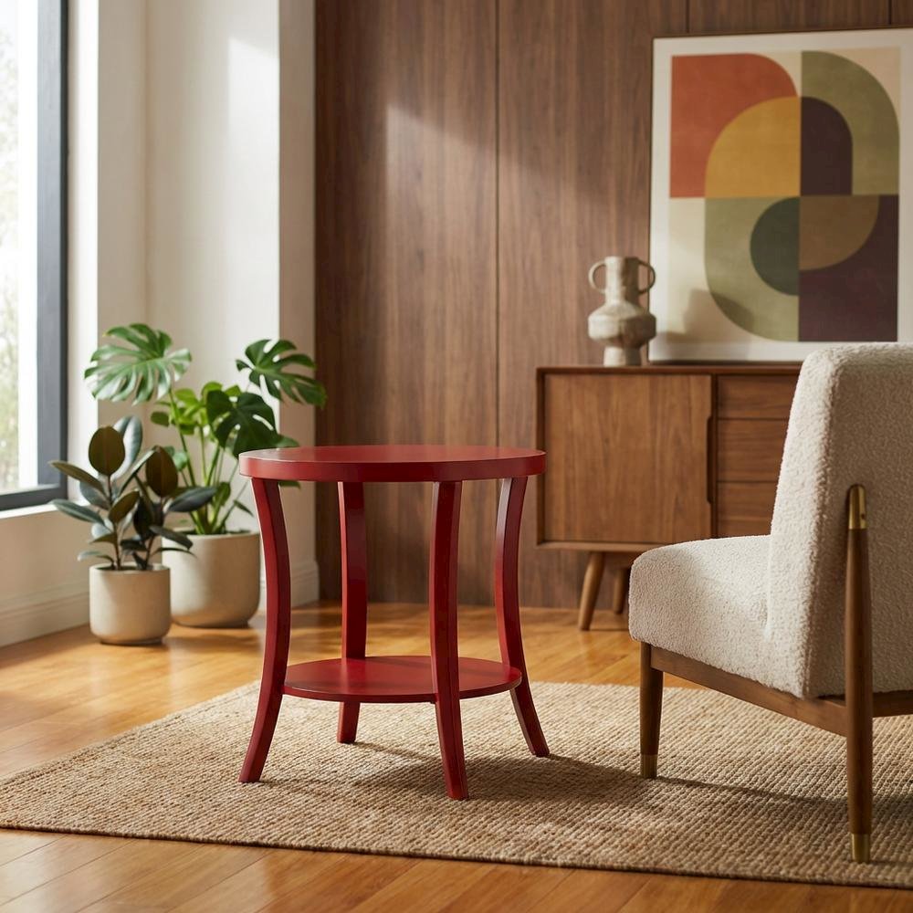 Red round end table with shelf for versatile living spaces