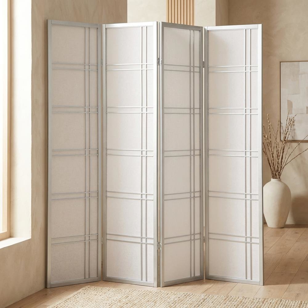 Silver 4-Panel Wood Folding Room Divider, Rice Paper, 70 Inch