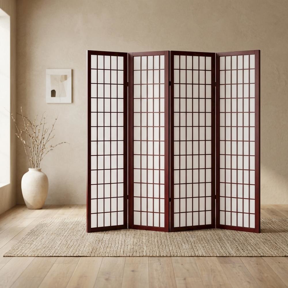Cherry 4-Panel Wood Folding Room Divider, Rice Paper, 71 Inch