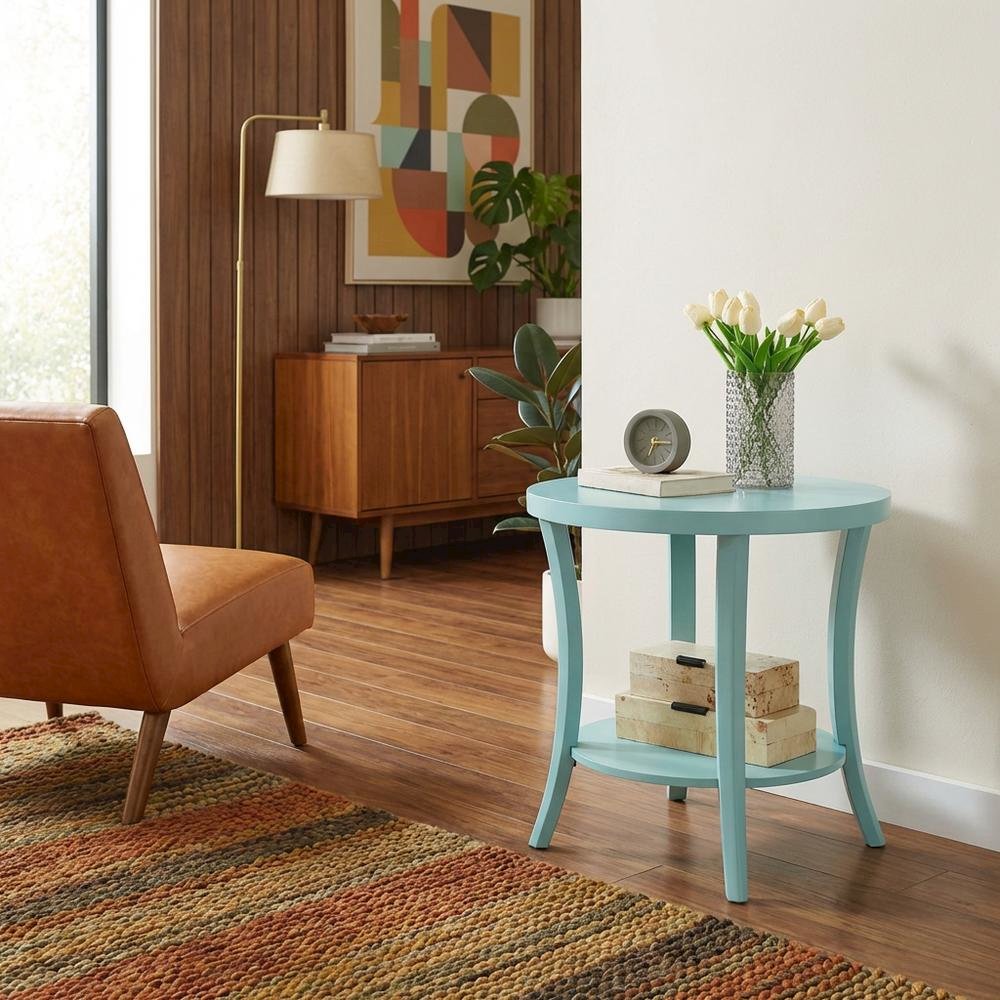 Teal Round End Table with Shelf for Lounge and Living Spaces