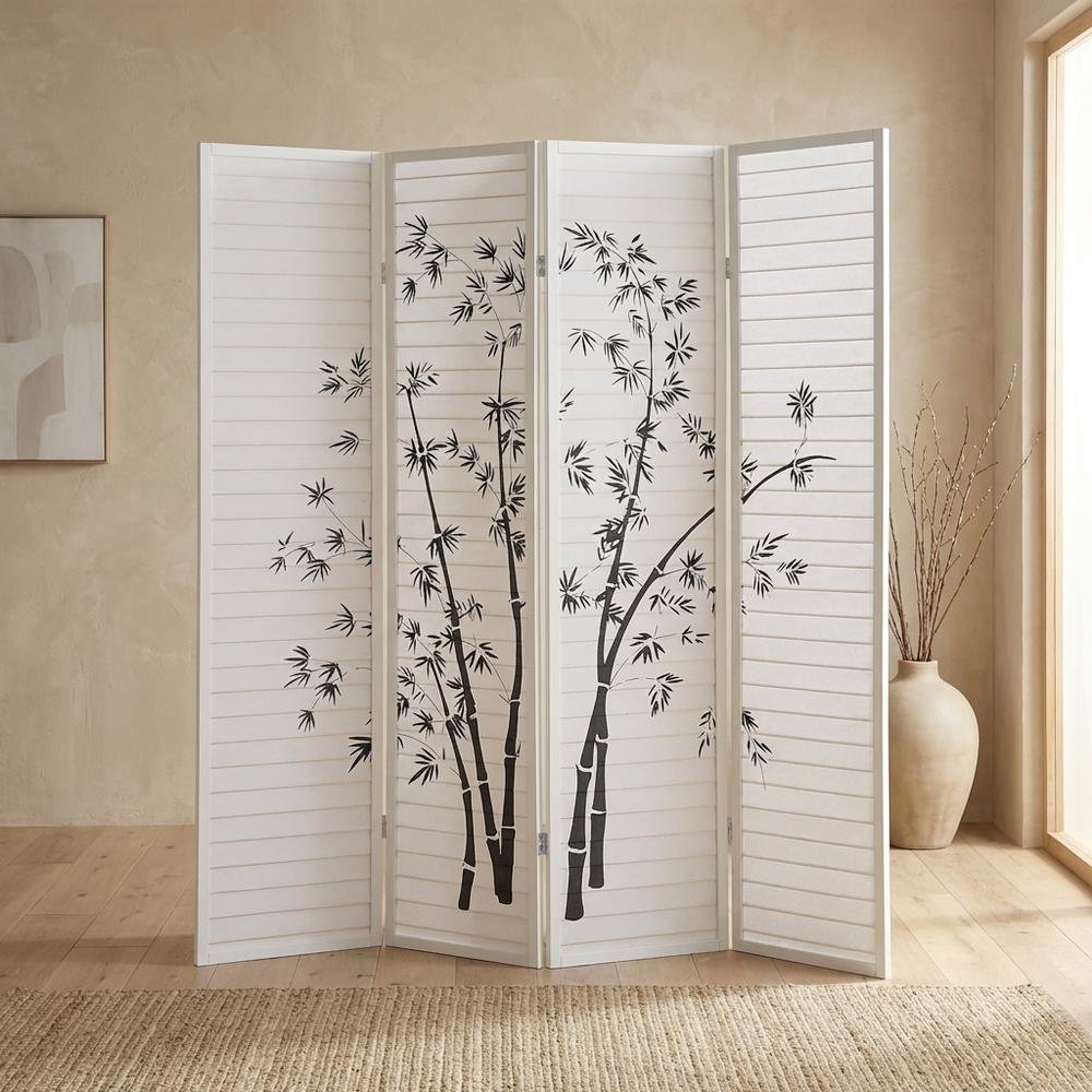 White 4-Panel Wood Folding Room Divider, Bamboo Print Rice Paper, 71 Inch