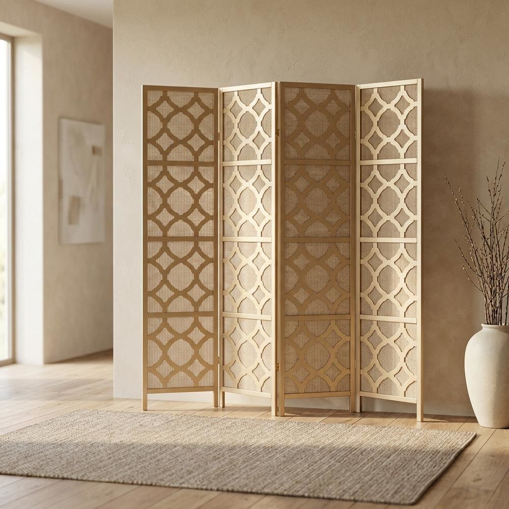 Gold 4-Panel Wood Folding Room Divider, Fabric Diamond Design, 70 Inch
