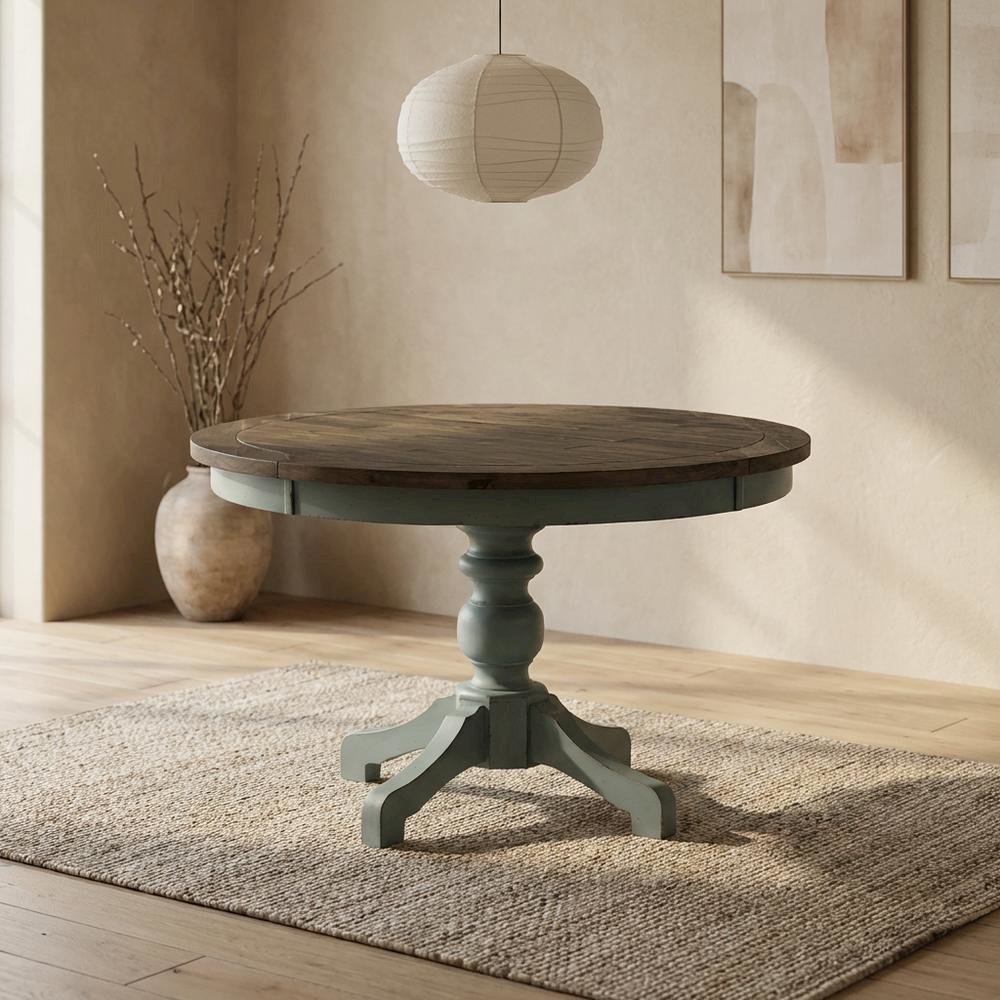 Blue Brown Round Dining Table, Farmhouse Style, Seats 4