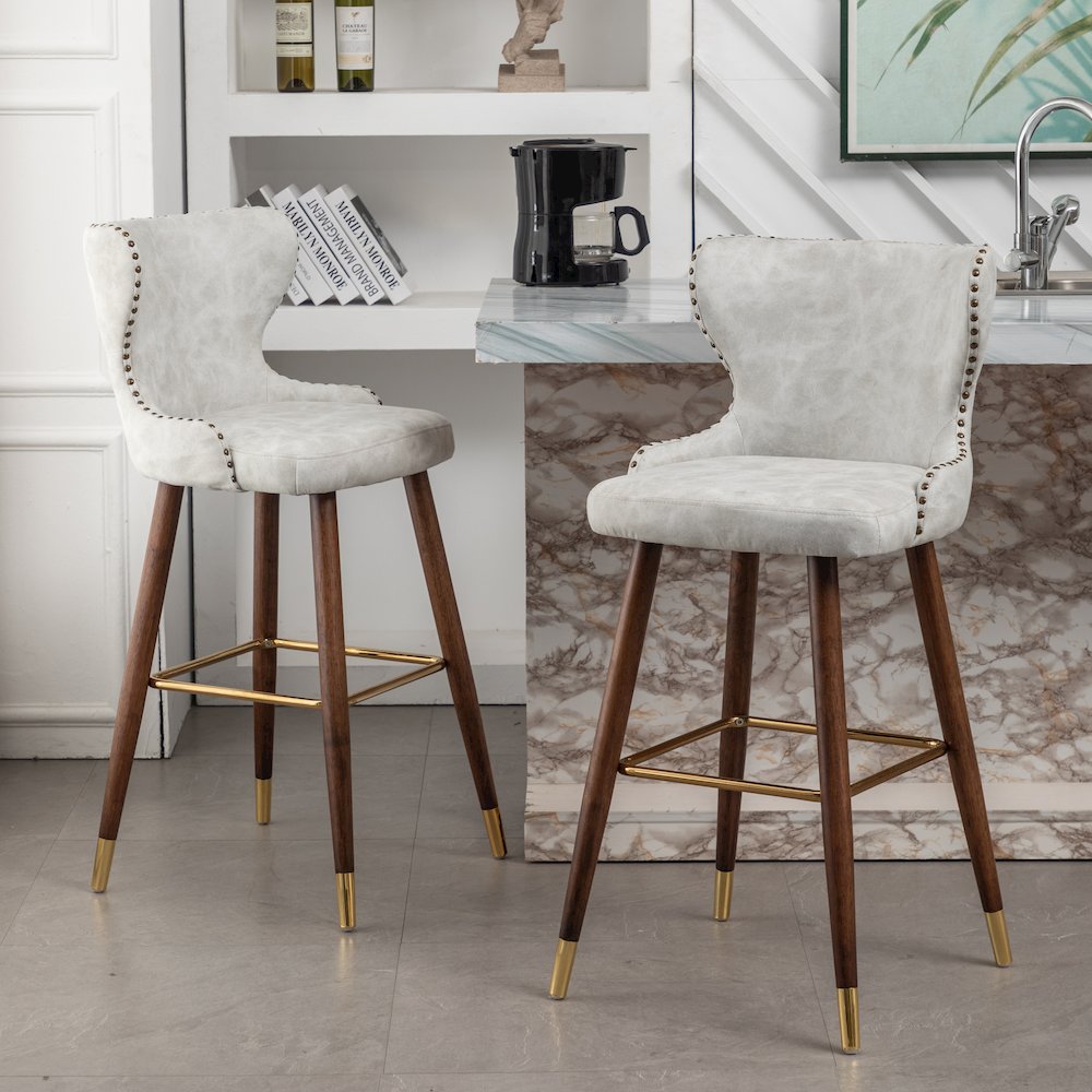 Nevis Modern Faux Leather Tufted Nailhead Trim Barstool Set of 2, Off-White