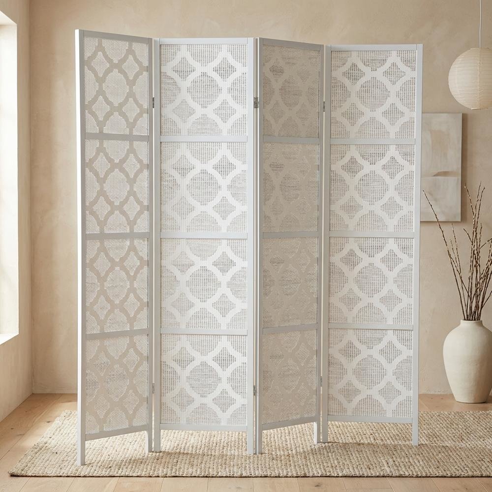 Silver 4-Panel Wood Folding Room Divider, Fabric Diamond Design, 70 Inch