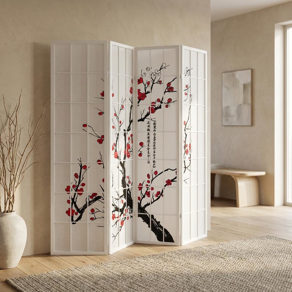 White 4-Panel Wood Folding Room Divider, Floral Print Fabric, 70 Inch