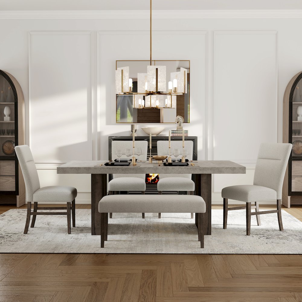 Sorlen Modern 6-Piece Dining Set, 3D Faux Concrete Table with 4 Chairs and Bench