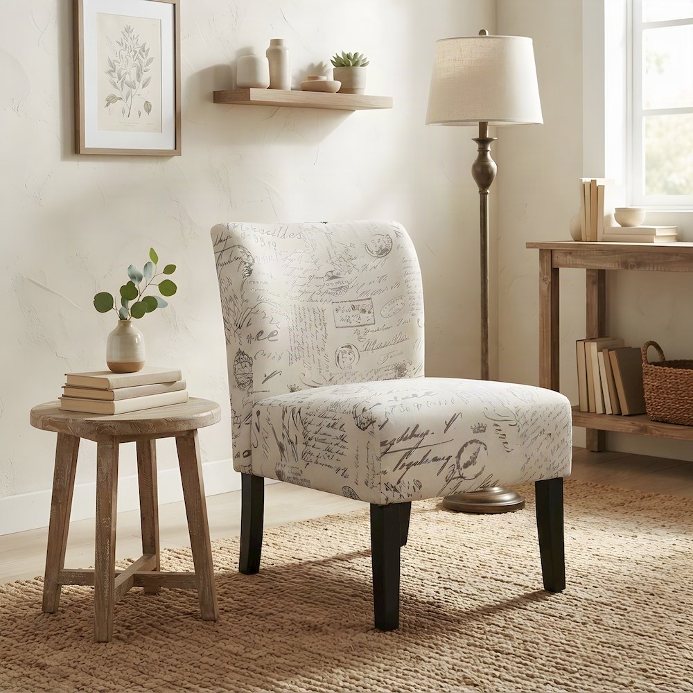 Fabric-Upholstered Armless Accent Chair with Letter-Print Detail, Beige