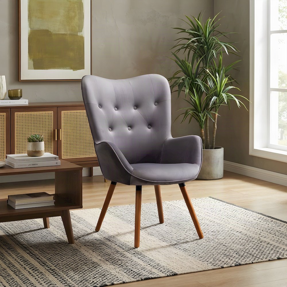 Velvet Button-Tufted Accent Chair, Mid-Century Modern Armchair, Grey