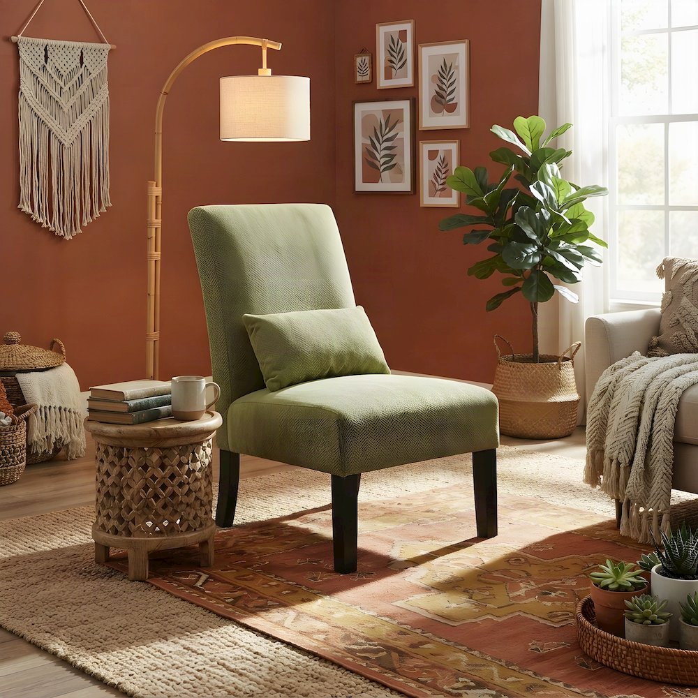 Pisano Fabric Armless Accent Chair with Matching Kidney Pillow, Green
