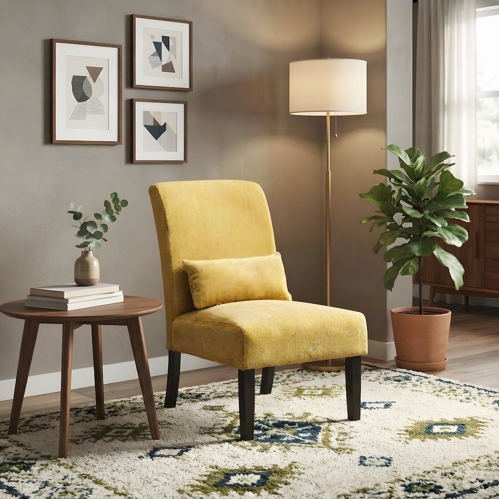 Pisano Fabric Armless Accent Chair with Matching Kidney Pillow, Yellow