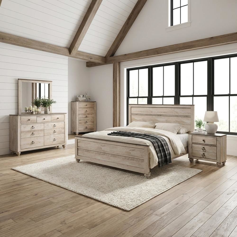 Wood Veneer Queen Bedroom Furniture Set with Dresser, Mirror and Chest, Grey