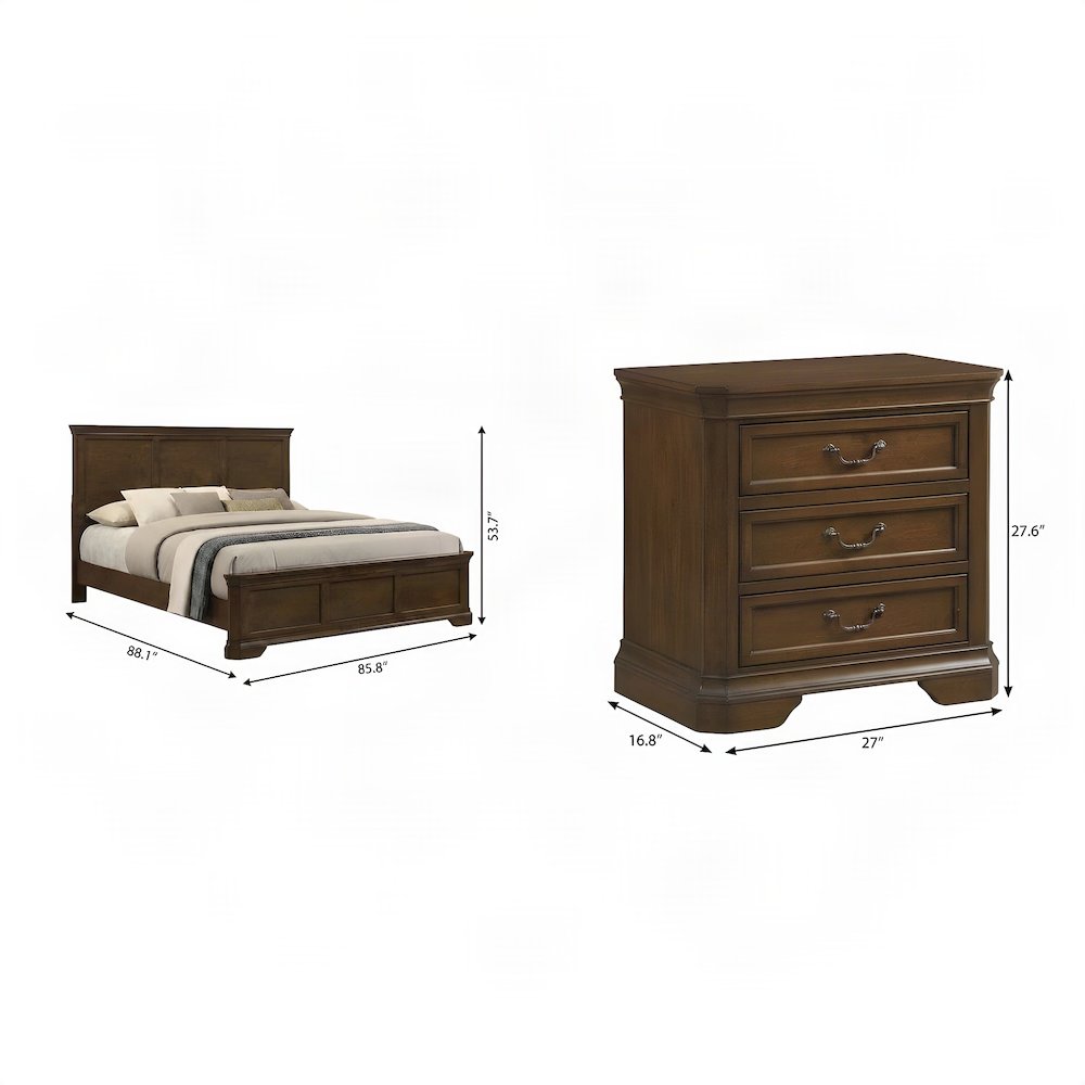 Wooden King Panel Bed with Tall Headboard and 2 Nightstands, 3 Piece Set, Walnut