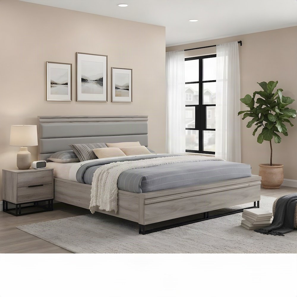 King Size Upholstered Wood Panel Platform Bed Frame with Headboard, Grey