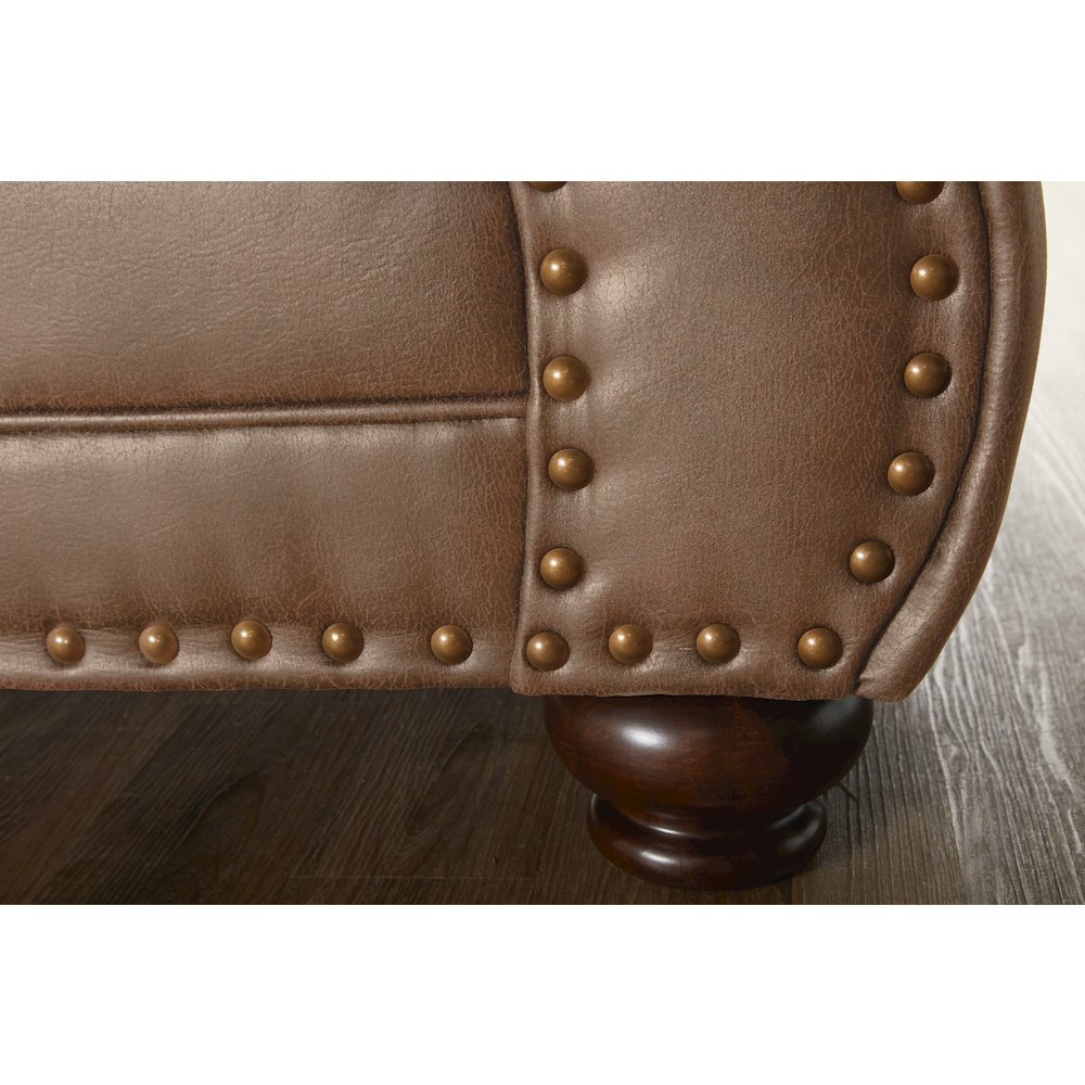 Leinster Faux Leather Sofa with Antique Bronze Nailheads in Jetson Ginger
