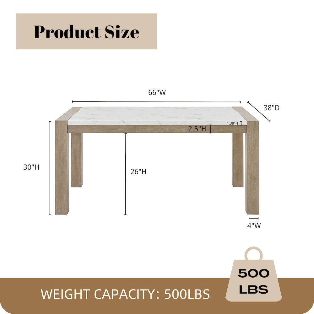 Zelalle Dining Table, Faux Marble Paper Top and White Wired-Brushed Finish