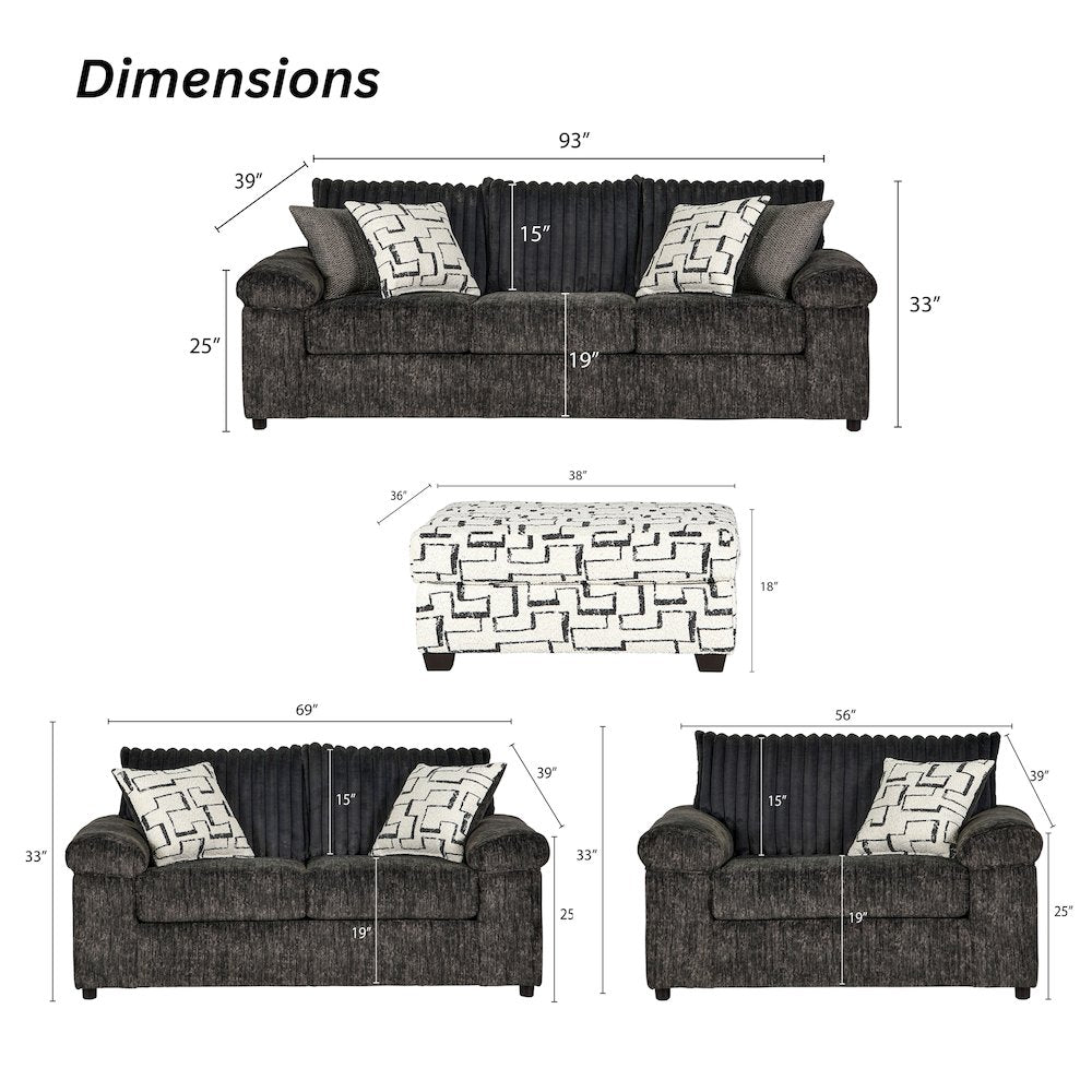Nason Wide Wale Corduroy Living Room 4-Piece Sofa Set, Charcoal
