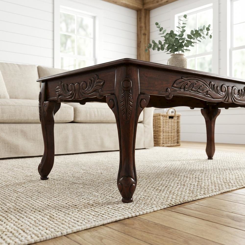 Dark Cherry Wood Coffee Table with Ornate Traditional Detailing and Sturdy Build