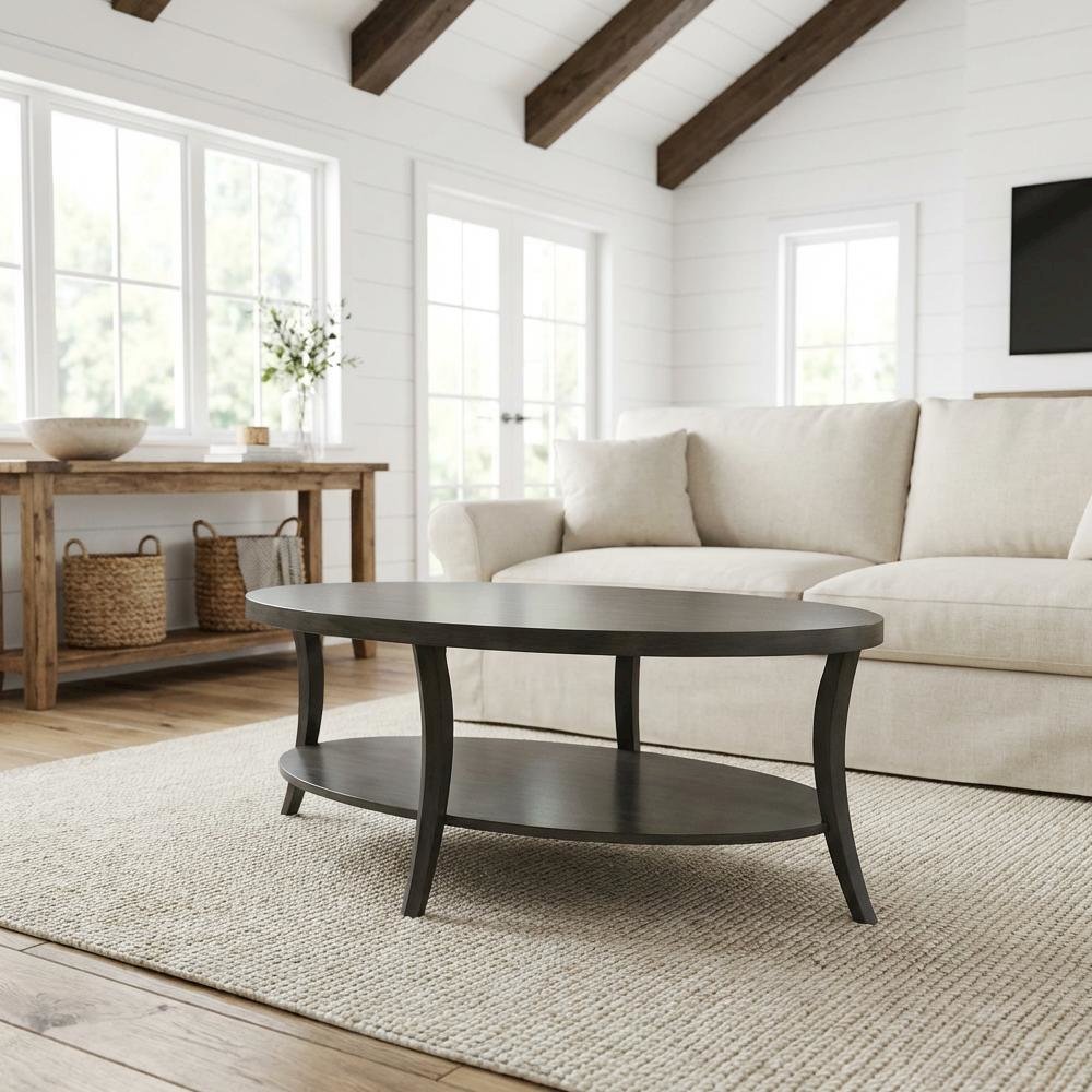 Gray Oval Coffee Table with Open Shelf and Sturdy Frame for Living Room