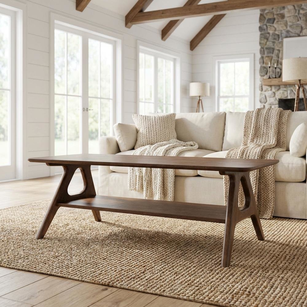 Mid-Century Modern Wood Coffee Table with Shelf and Storage Space