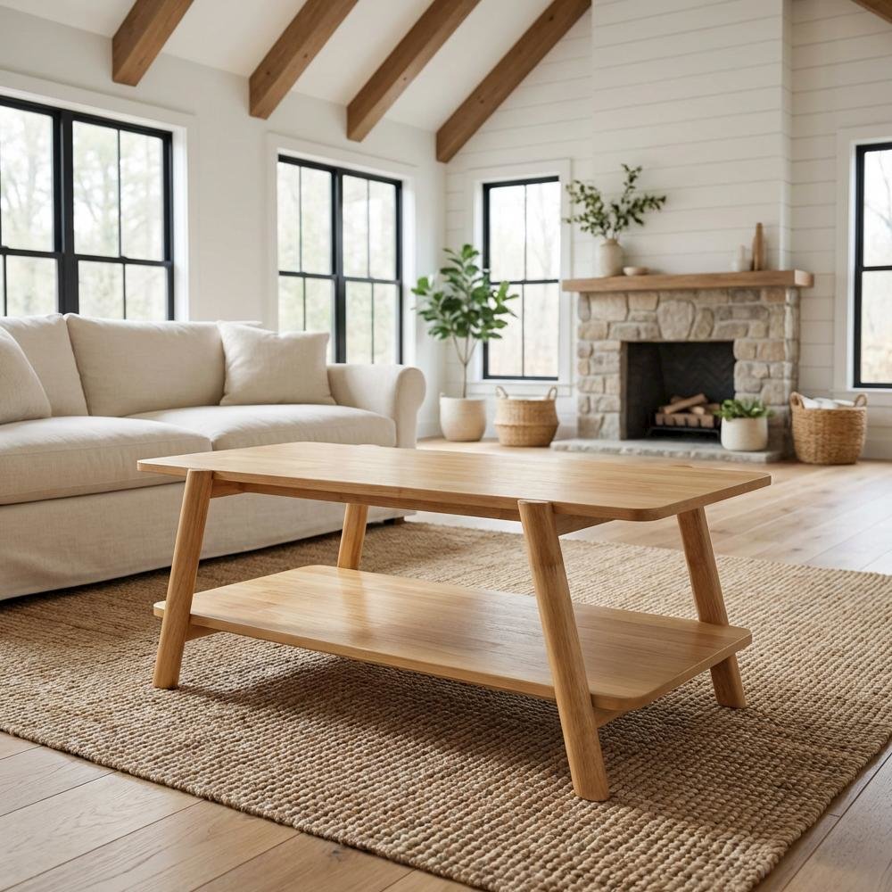 Oak Coffee Table with Mid-Century Wood Shelf and Sturdy Design