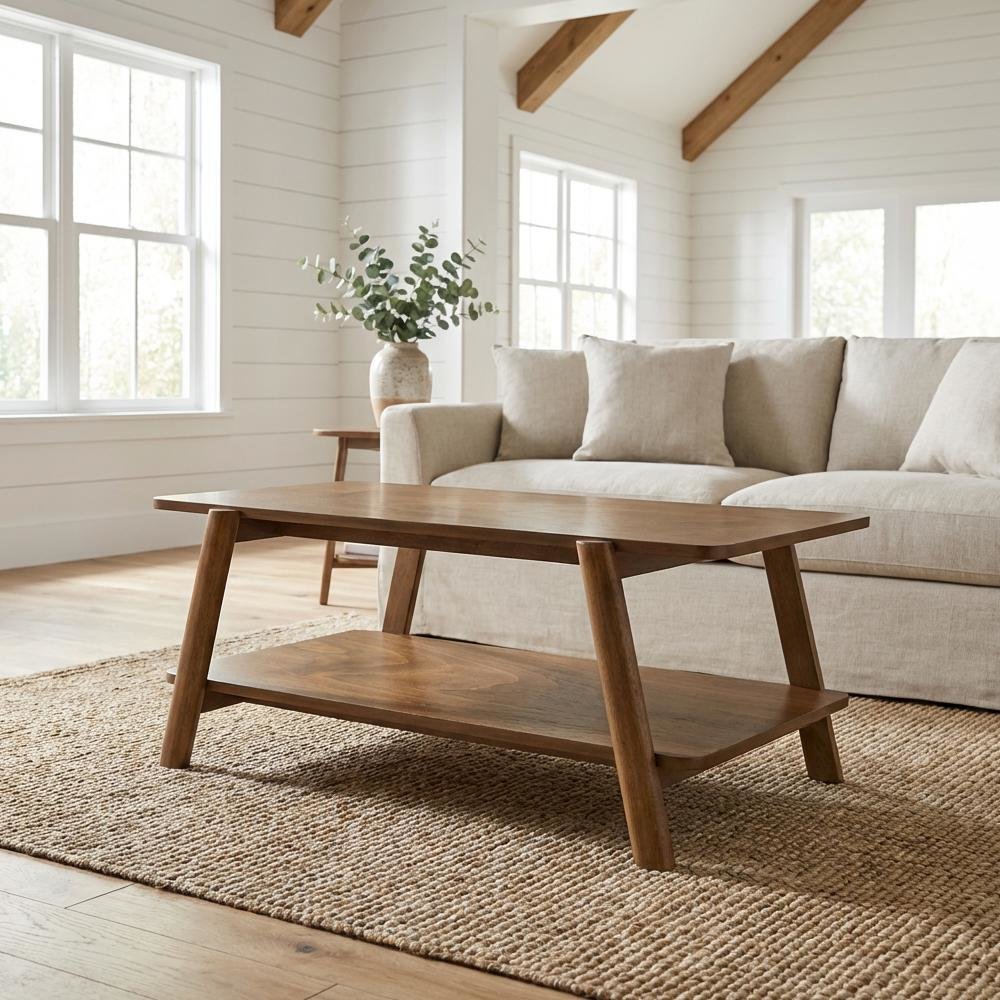 Walnut Wood Coffee Table with Mid-Century Modern Shelf and Storage Space