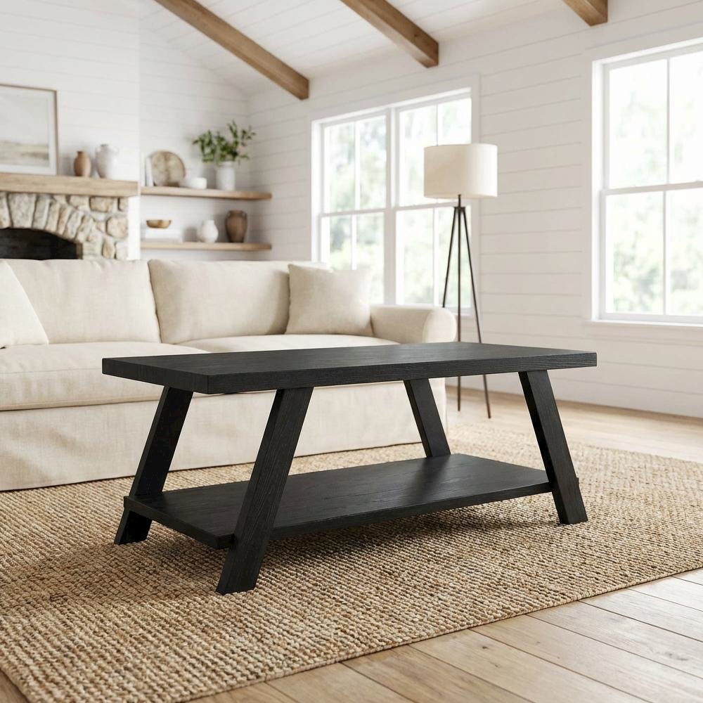 Black Replicated Wood Coffee Table with Open Shelf Storage and Modern Design