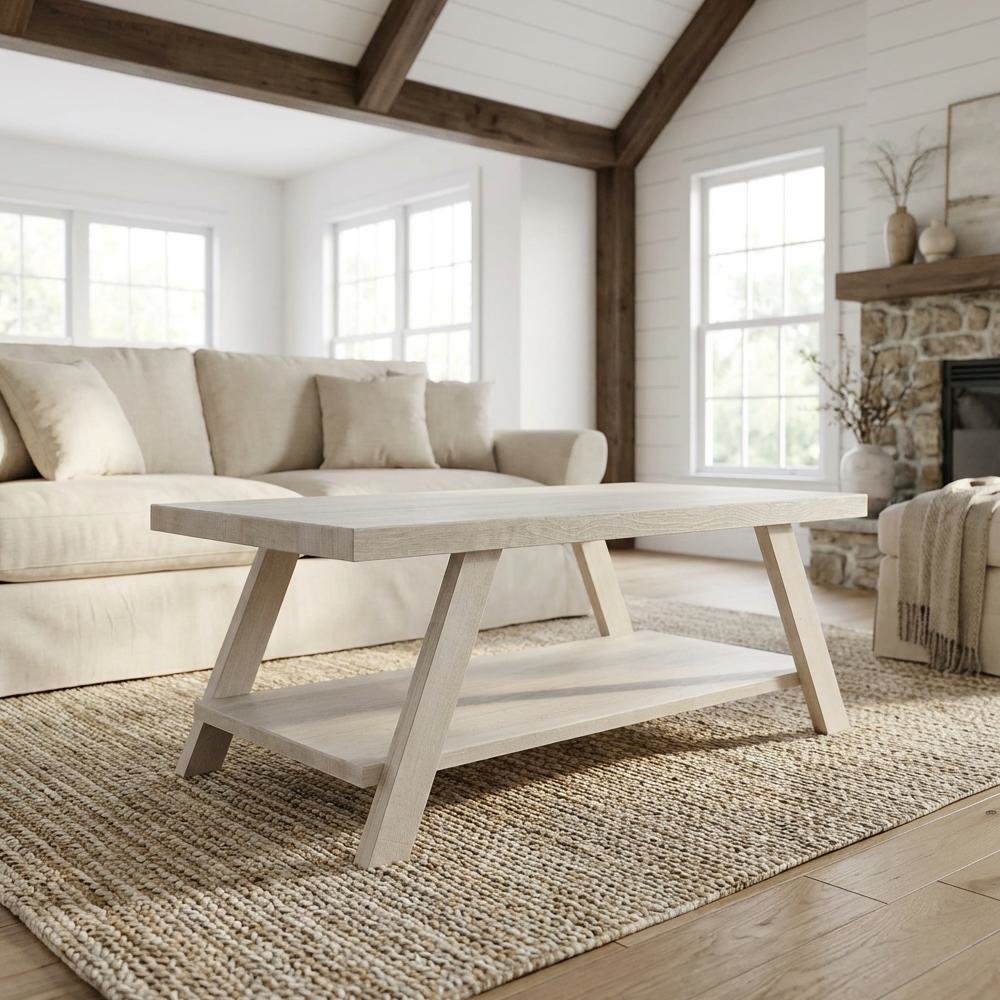 White Wood Coffee Table with Contemporary Shelf and Sturdy Construction