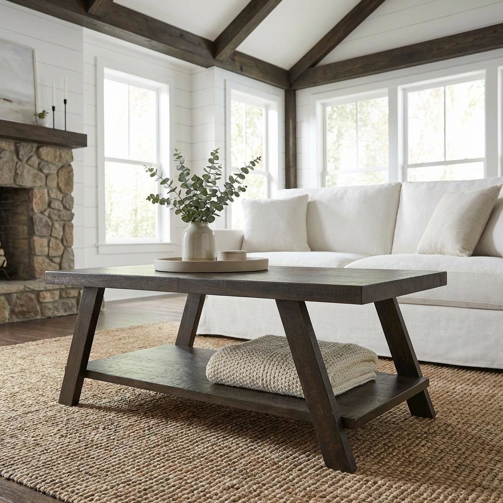 Contemporary Wood Shelf Coffee Table Weathered Espresso with Open Storage Design