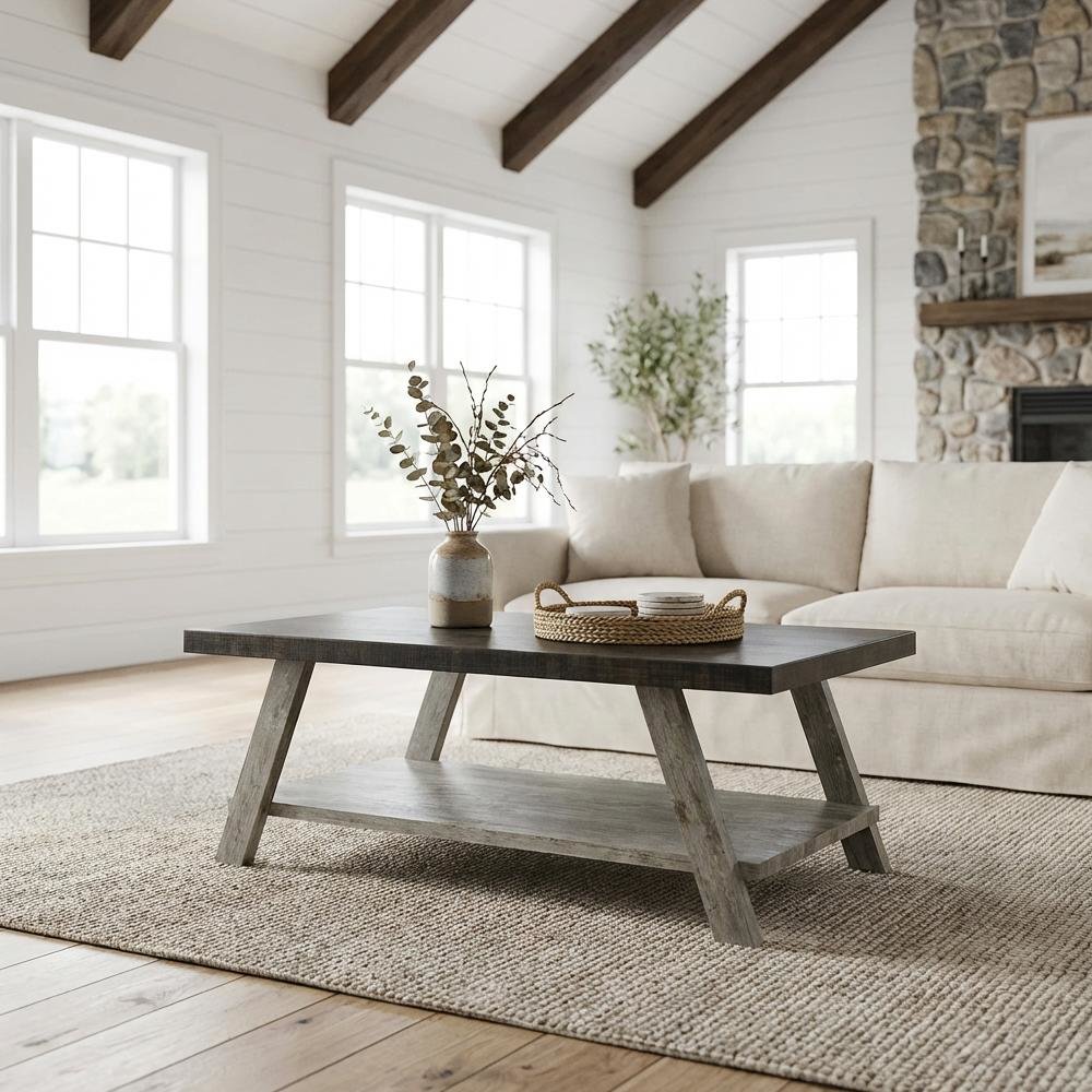 Two-Tone Wood Coffee Table in Weathered Walnut Gray with Open Shelf Storage