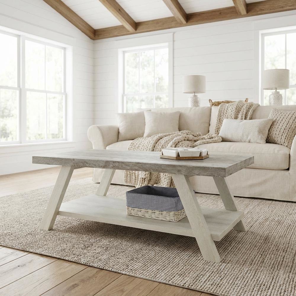 Two-Tone Weathered Gray and Beige Wood Shelf Coffee Table with Storage