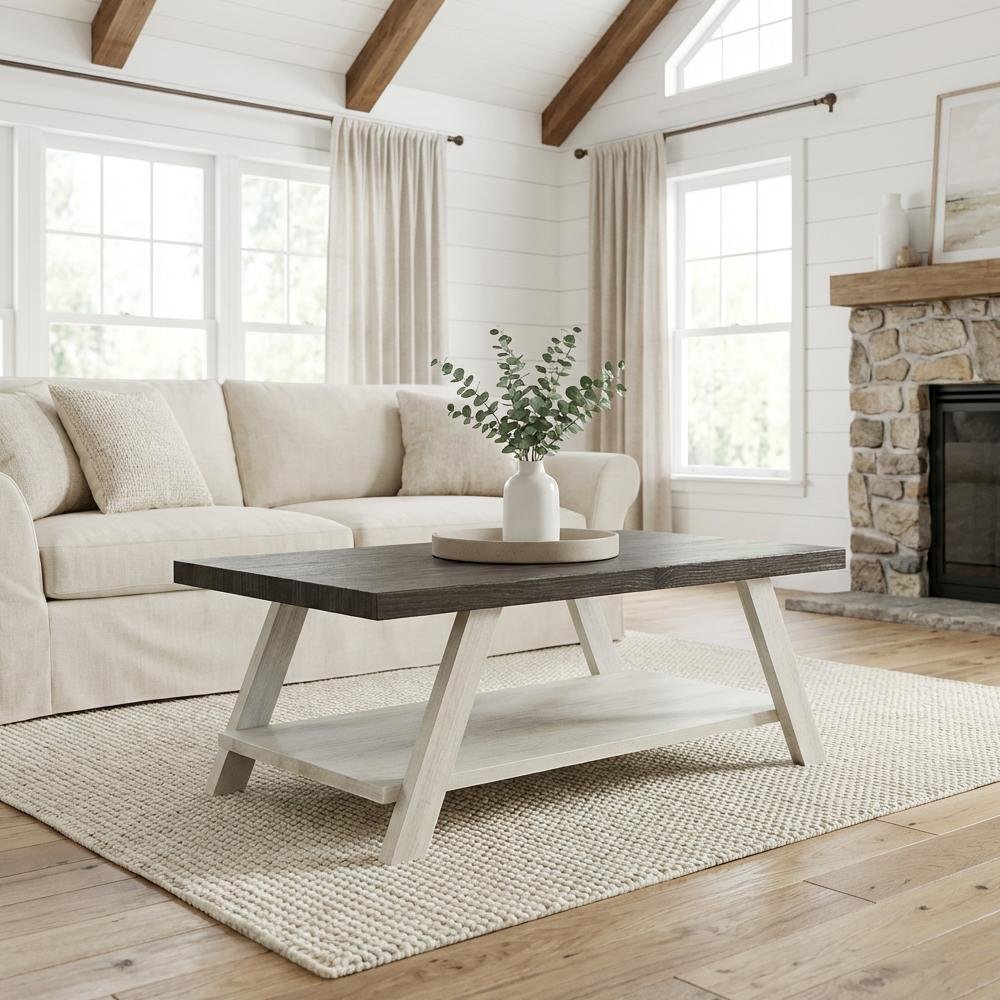 Two-Tone Weathered Charcoal Beige Wood Coffee Table with Storage Space